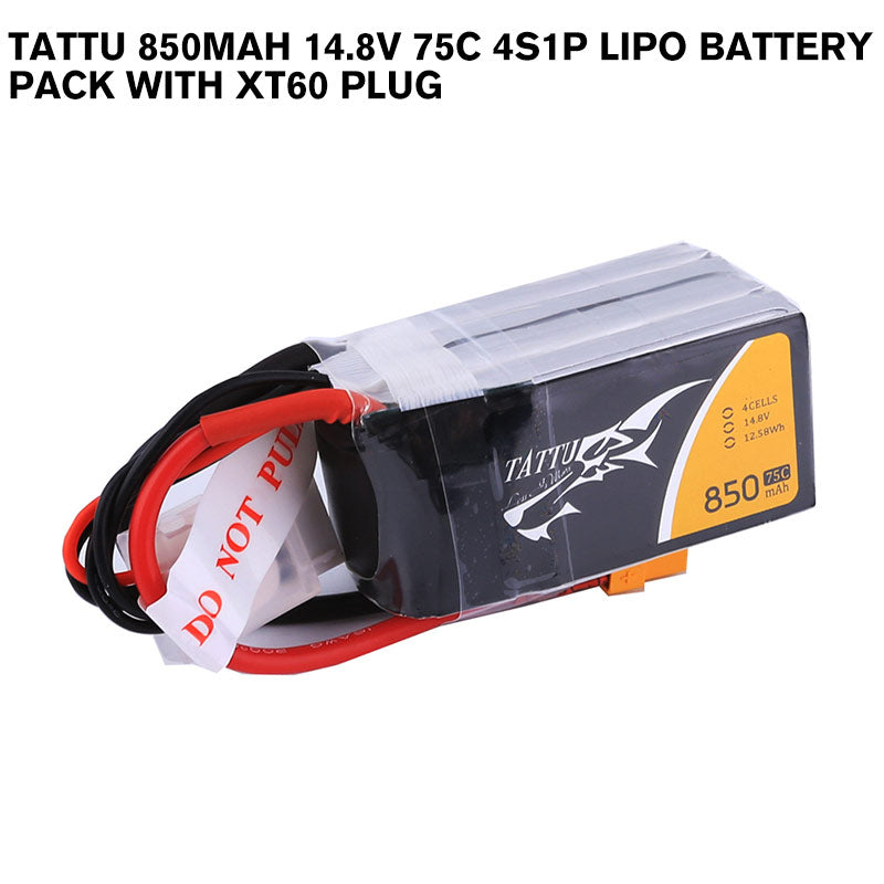 Tattu 850mAh 14.8V 75C 4S1P Lipo Battery Pack With XT60 Plug Tattu 850mAh 14.8V 75C 4S1P Lipo Battery Pack With XT60 Plug